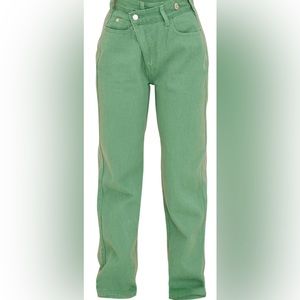 Petite washed green asymmetrical mom jeans